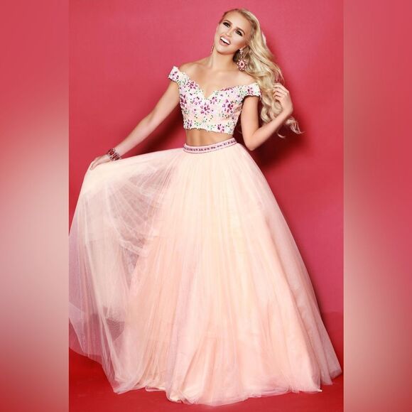 NWT 2 CUTE J Michaels Blush Peach Tulle Two Piece Formal Prom Wedding Dress 16 - Picture 2 of 16